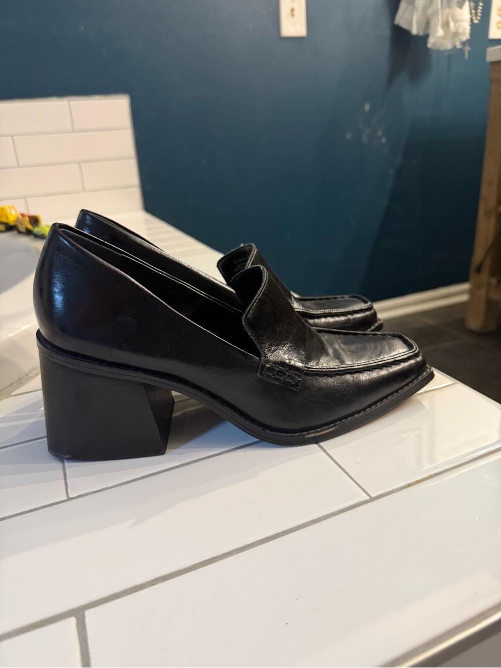 Vince Camuto Black Leather Block Heel Loafers